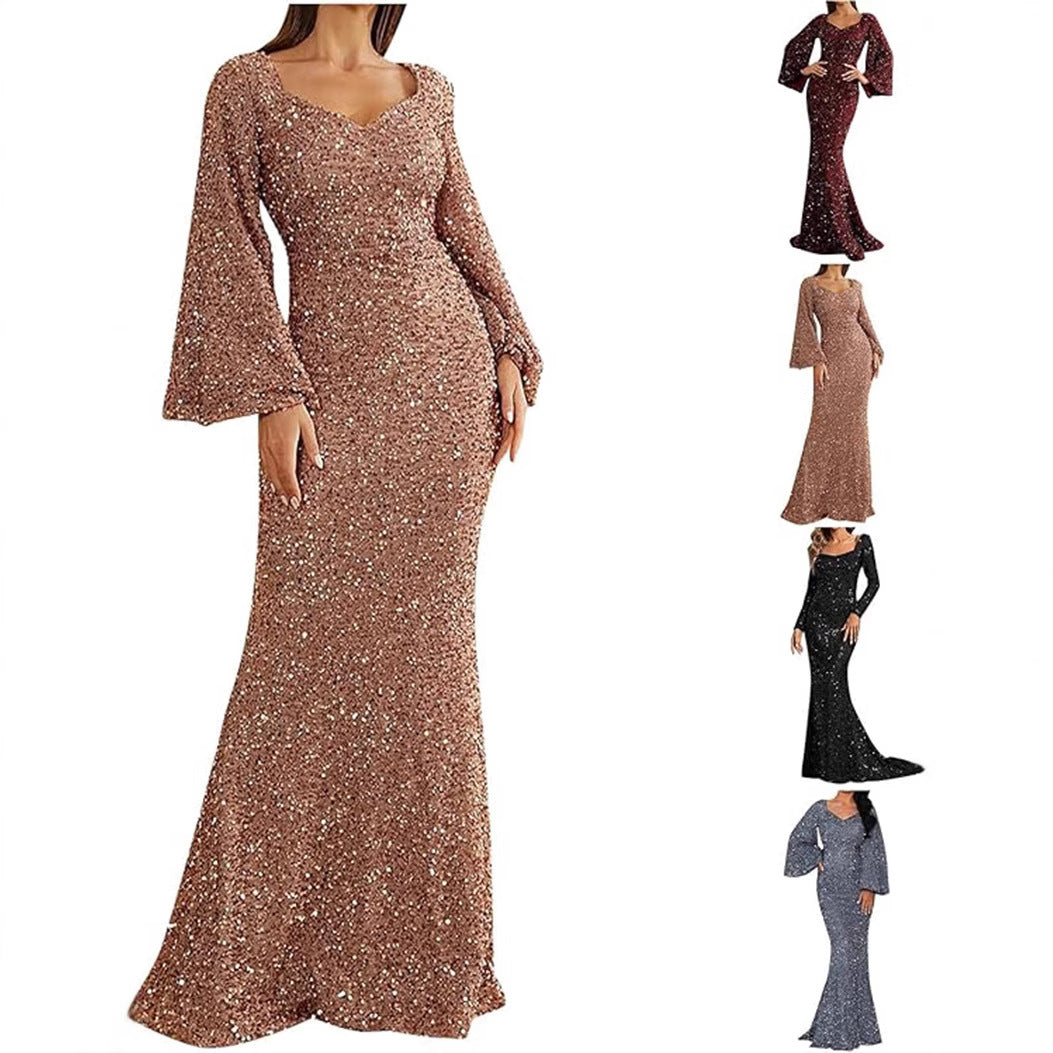 Damen Glamouröses Glitzer-Abendkleid mit schwingendem Rock und voluminösen Ärmeln EB