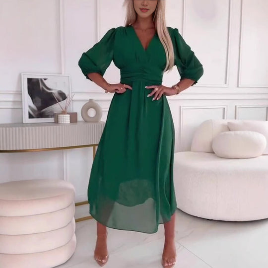Damen Midikleid mit raffiniertem V-Ausschnitt und Puffärmeln R&B