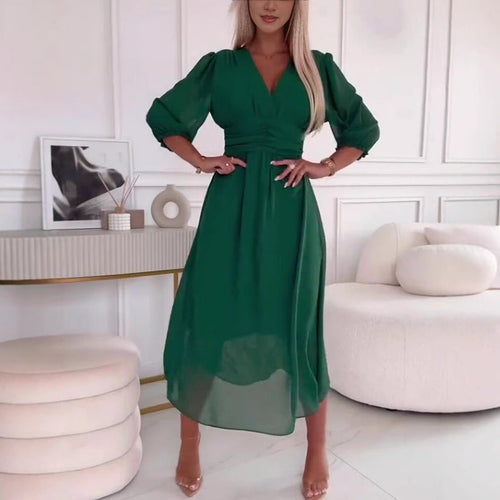 Damen Midikleid mit raffiniertem V-Ausschnitt und Puffärmeln R&B