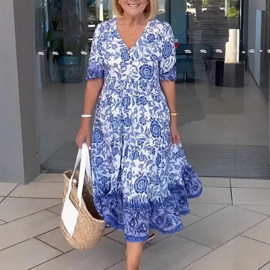 Damen Maxikleid mit raffiniertem Volant und floralem Design Heidi-Mode