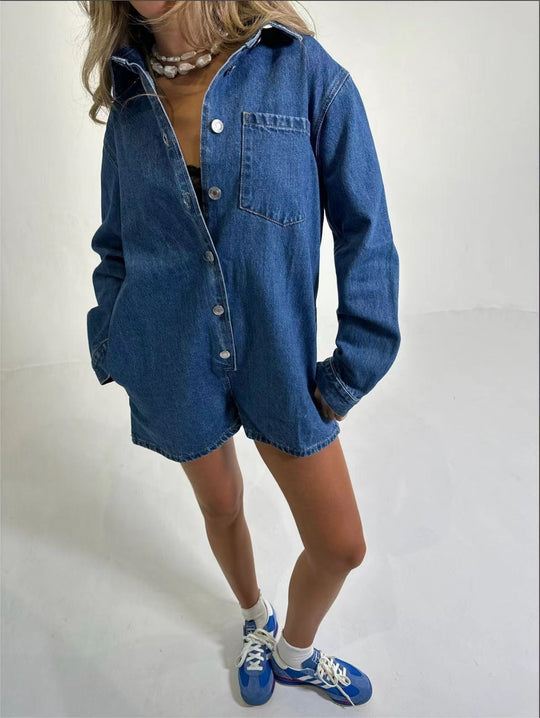 Damen Denim-Overall mit langen Ärmeln und klassischem Button-Up-Verschluss R&B