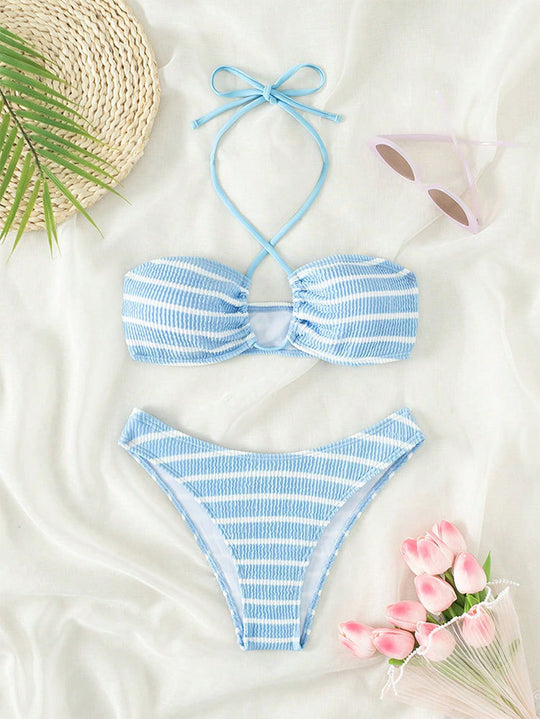Damen Bandeau-Bikini mit zeitlosem Streifenmuster und eleganter Schnürung R&B