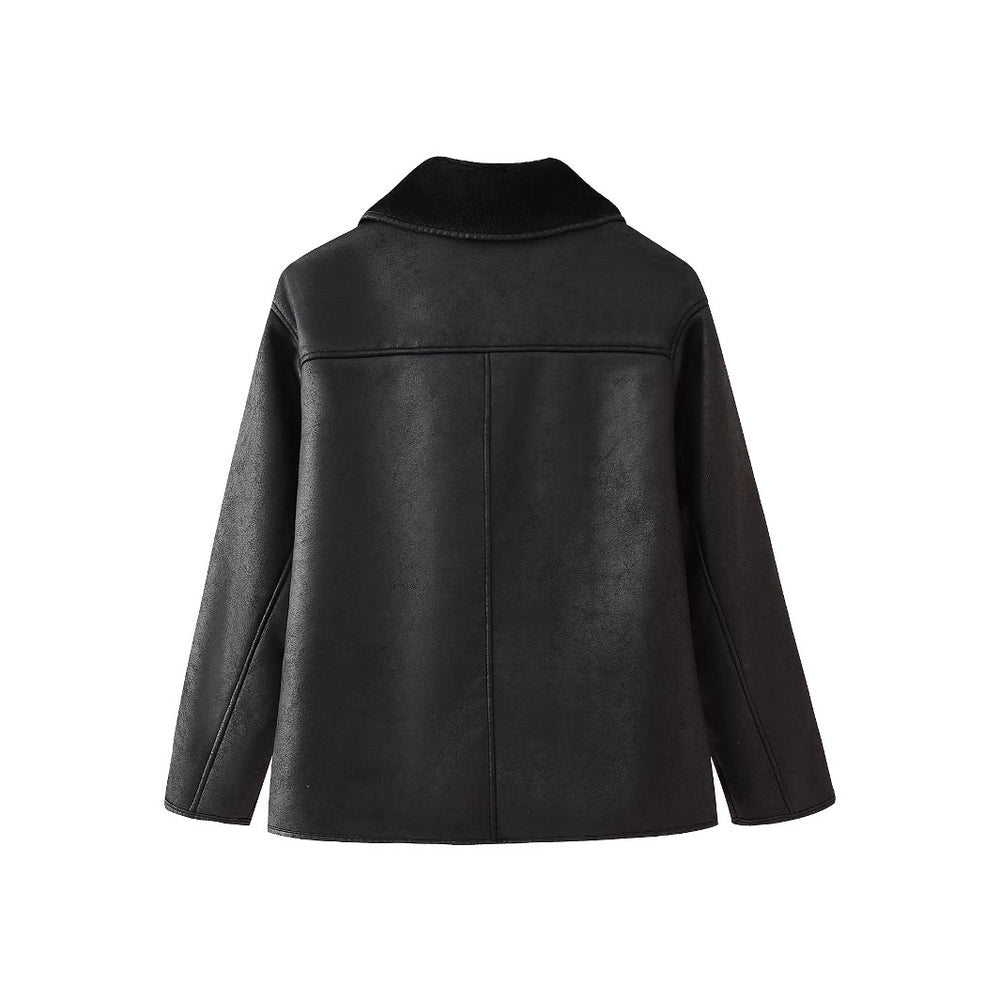 Damen Kunstlederjacke mit luxuriösem Fellkragen und praktischen Taschen R&B