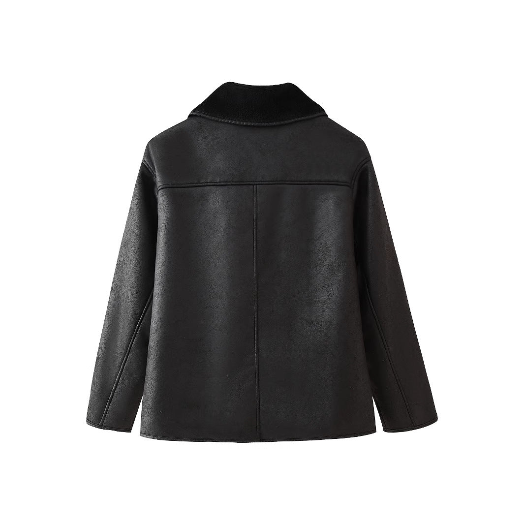 Damen Kunstlederjacke mit luxuriösem Fellkragen und praktischen Taschen R&B