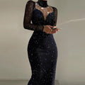 Damen Elegantes Abendkleid mit transparenten Ärmeln und schimmerndem Sternenmuster R&B