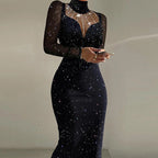 Damen Elegantes Abendkleid mit transparenten Ärmeln und schimmerndem Sternenmuster R&B