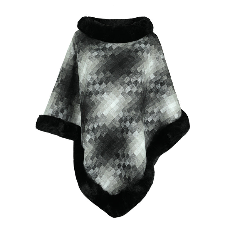 Damen modischer Poncho mit luxuriösem Kunstpelzkragen R&B