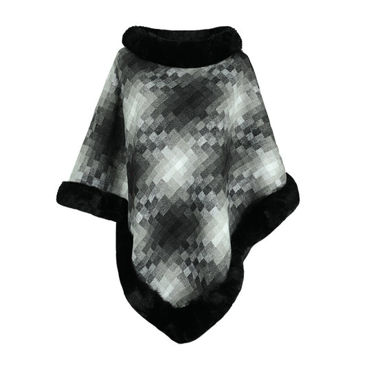 Damen modischer Poncho mit luxuriösem Kunstpelzkragen R&B