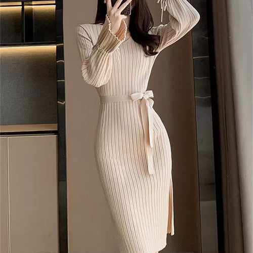 Damen Figurbetontes Maxikleid mit Bindegürtel und Rippstruktur R&B