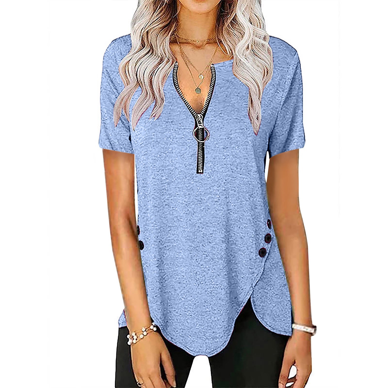 Damen Kurzarmshirt mit asymmetrischem Saum und Reißverschluss R&B