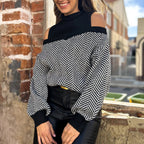 Damen Strickpullover mit Schulterfreiem Design und Stilvollem Zickzackmuster R&B