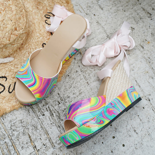 Damen Wedge-Schuhe mit buntem Marmor-Design und Riemchen R&B