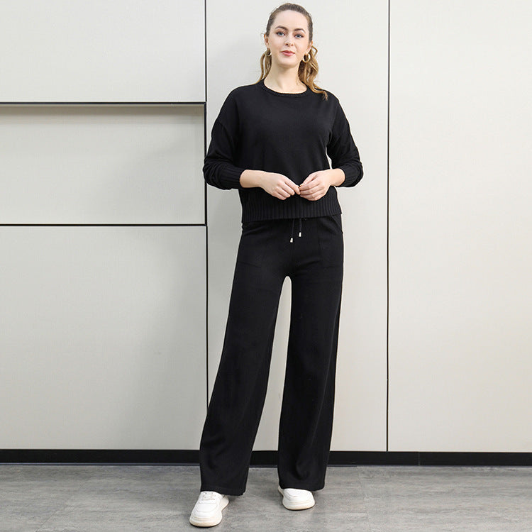 Damen gemütliches Strick-Loungewear-Set mit weitem Schnitt und praktischen Taschen R&B