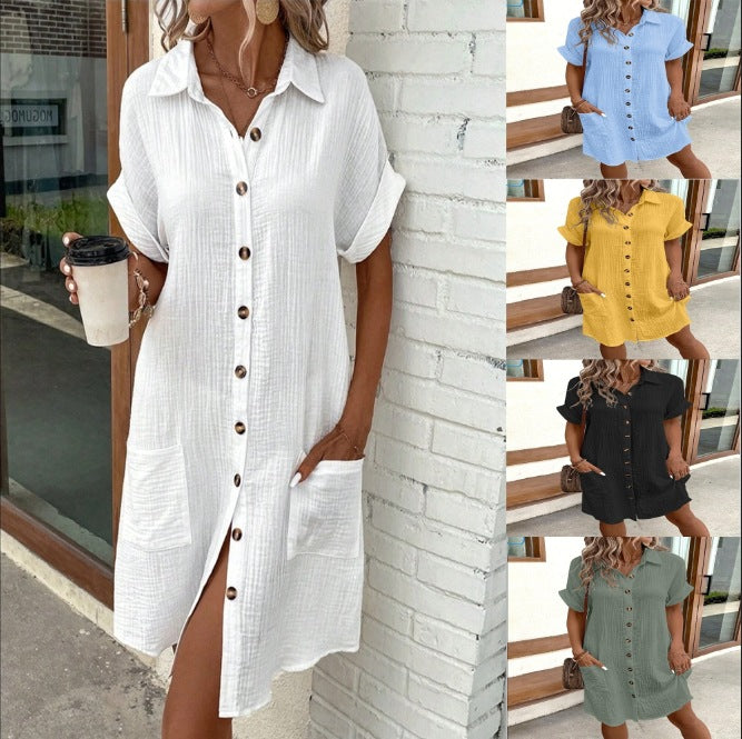 Damen Hemdblusenkleid aus leichtem Baumwollstoff mit praktischen Taschen und durchgehender Knopfleiste R&B