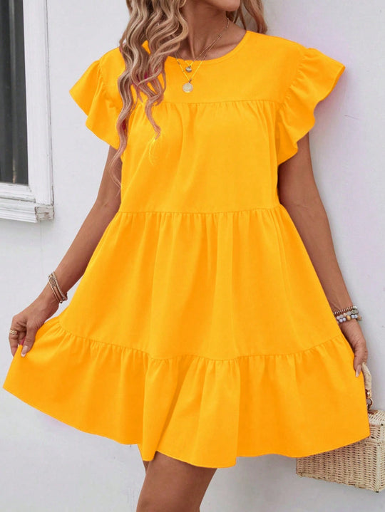 Damen luftiges Minikleid mit voluminösem Volant und lässigem Schnitt R&B