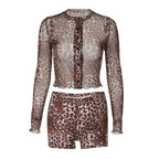 Damen Transparente Leopardenmuster Bluse und Short Set R&B
