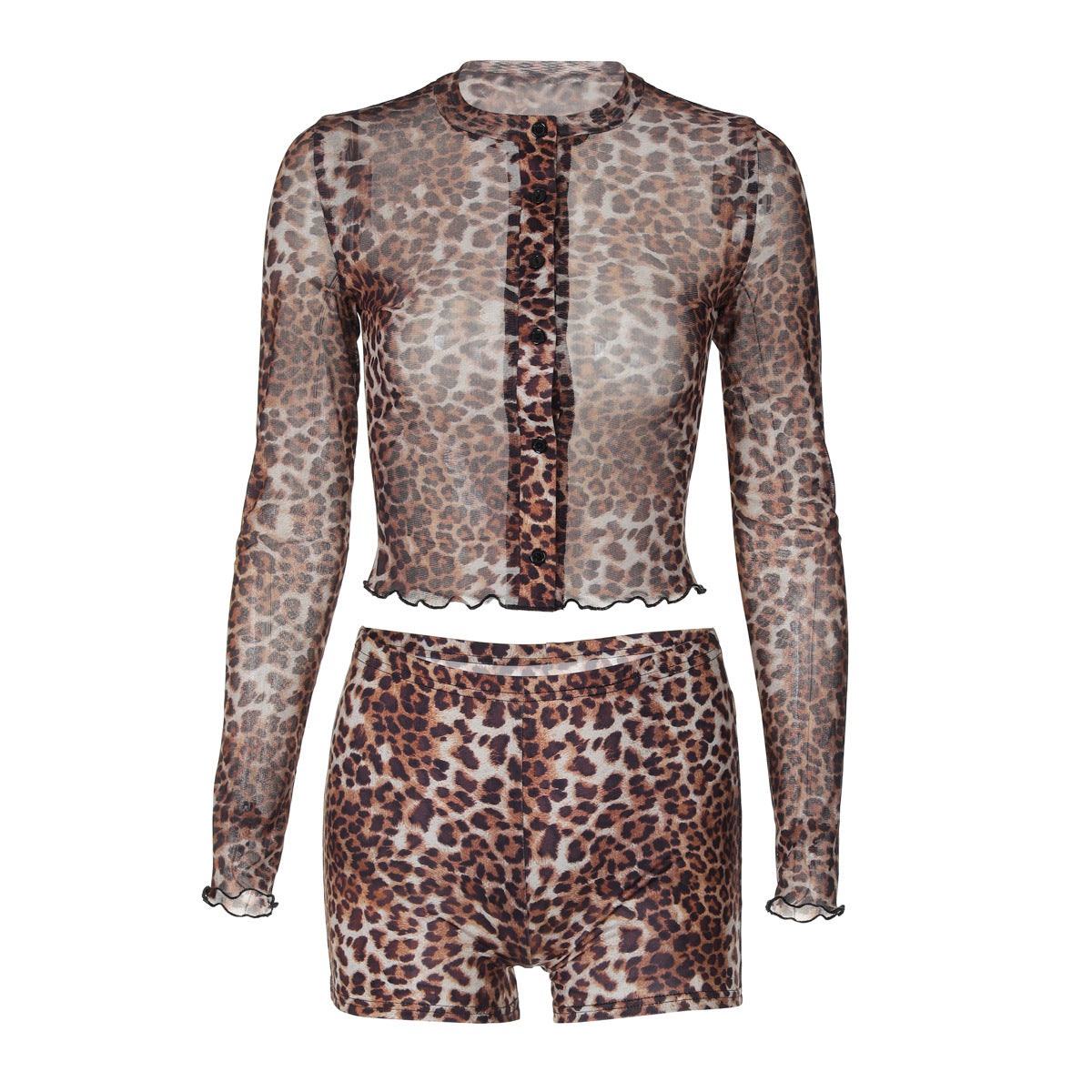 Damen Transparente Leopardenmuster Bluse und Short Set R&B