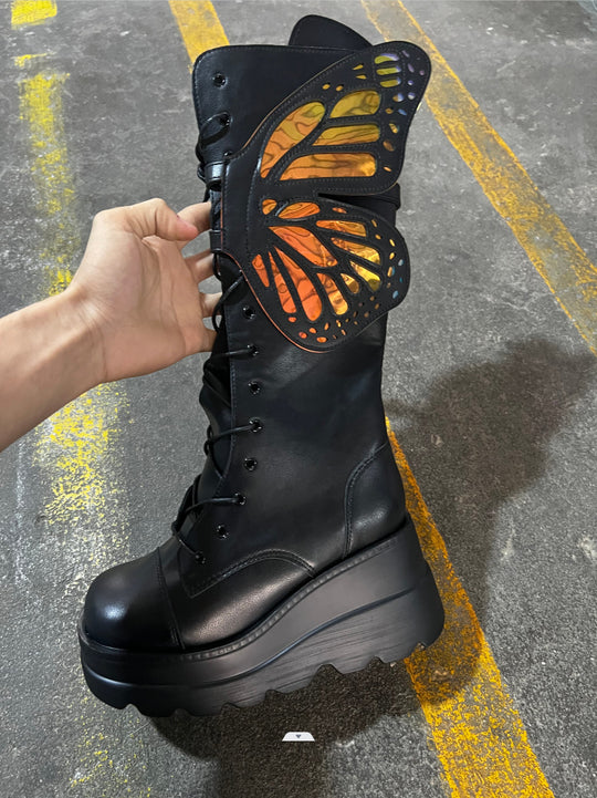 Damen Schnürstiefel mit modischem Schmetterlingsdesign und hohem Plateau R&B