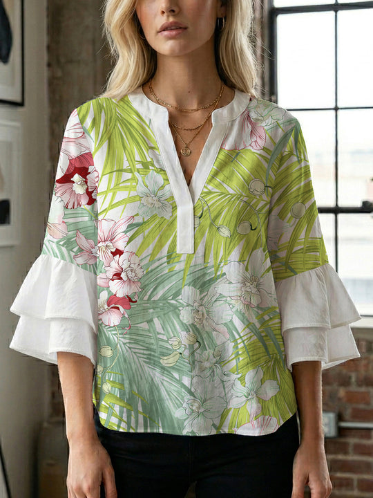 Damen elegantes Blusenshirt mit voluminösen Rüsenärmeln und grafischem Blumendesign R&B
