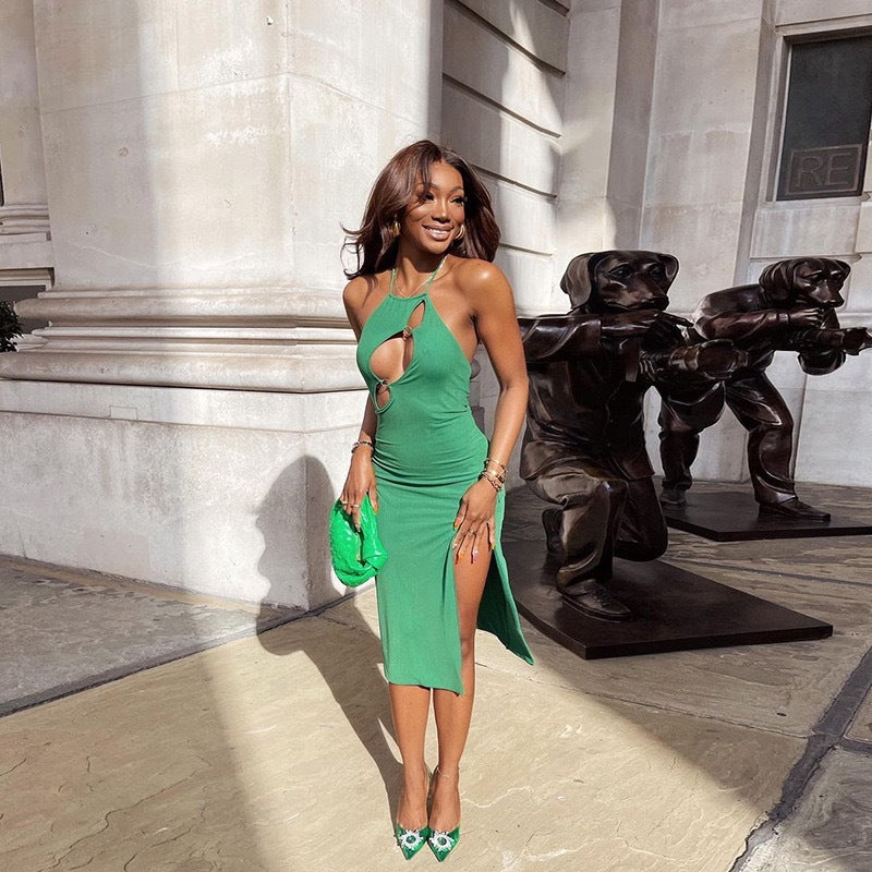 Damen elegantes Maxikleid mit tiefem V-Ausschnitt und raffinierten Cut-Out-Details R&B