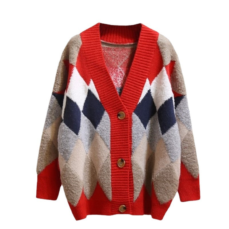 Damen Strickjacke mit modischem Rautenmuster und großzügigem Schnitt R&B