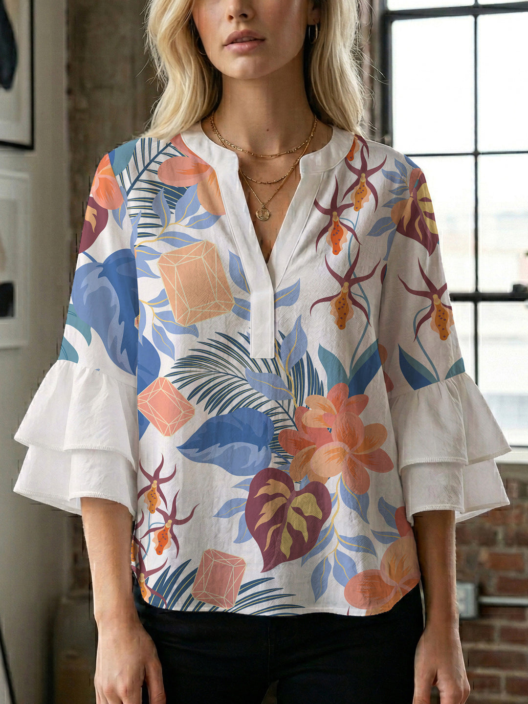 Damen Bluse mit voluminösen Rüschenärmeln und floralem Druck R&B