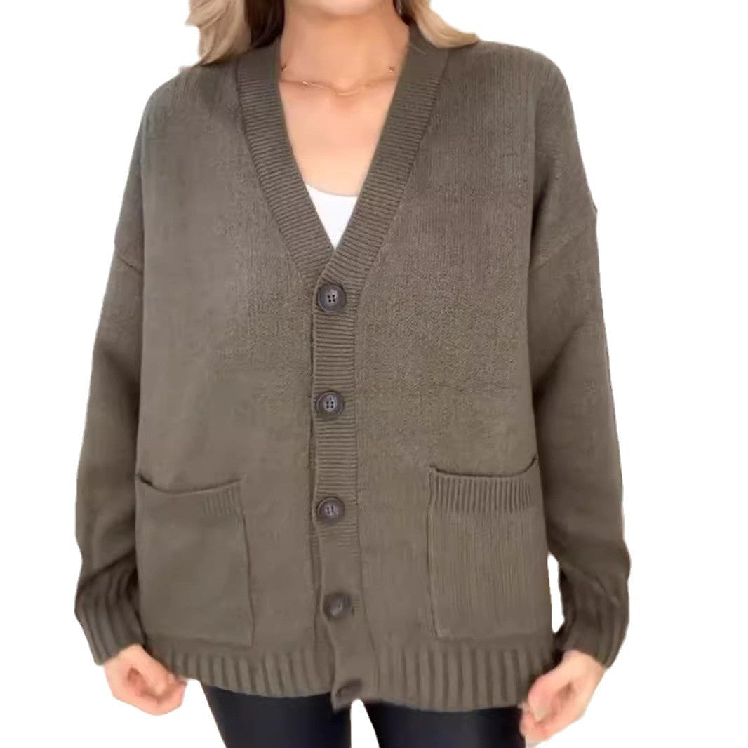 Damen Strickjacke mit Taschen und modernen Knöpfen R&B
