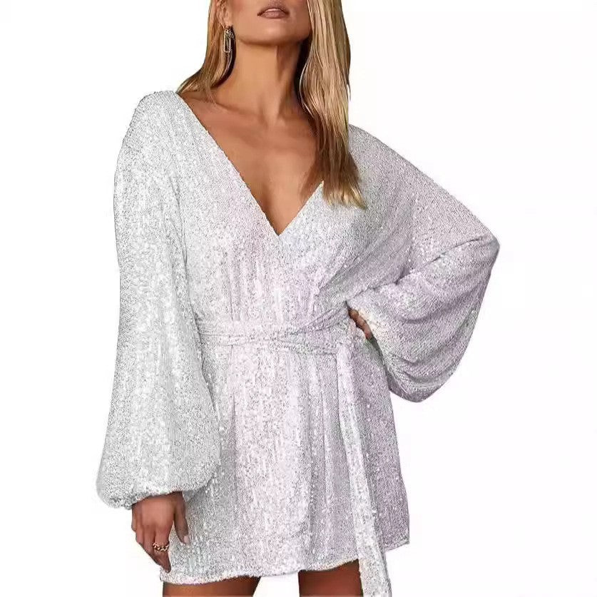 Damen Funkelndes Wickelkleid mit tiefem V-Ausschnitt und voluminösen Ärmeln R&B