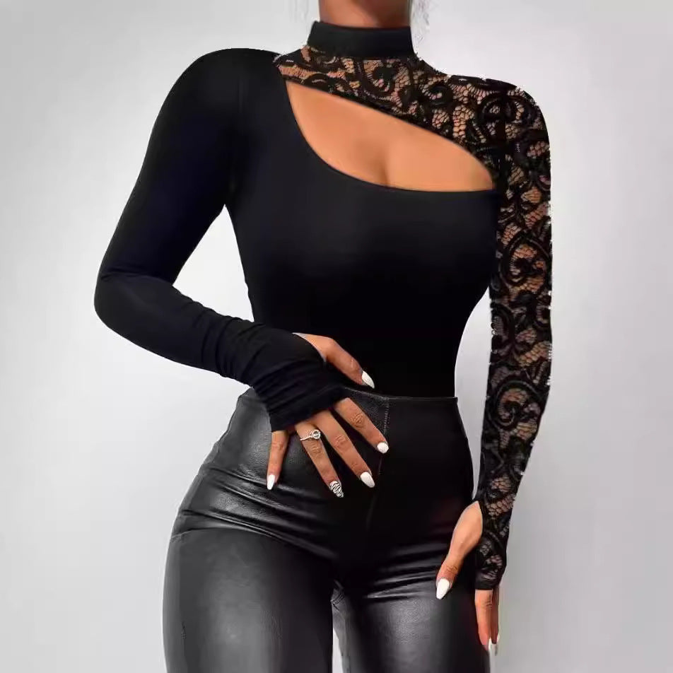 Damen Elegantes Oberteil mit transparenten Spitzenärmeln und asymmetrischem Ausschnitt R&B