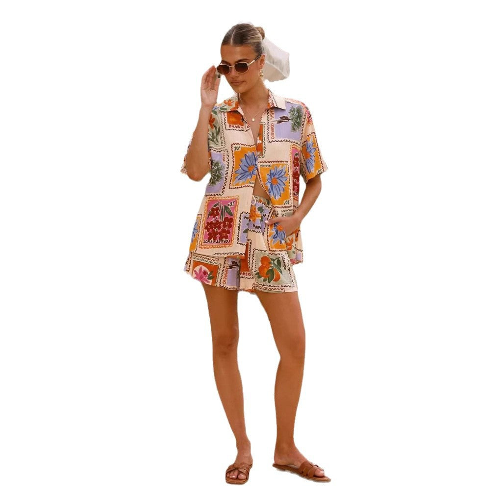 Damen Kurzarm-Hemd mit passender Shorts im floralem Design R&B
