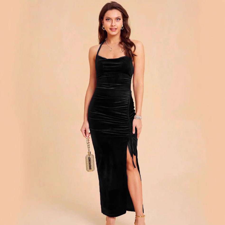 Damen Elegantes Samtmaxikleid mit anpassbarem Schlitz und raffinierter Raffung R&B