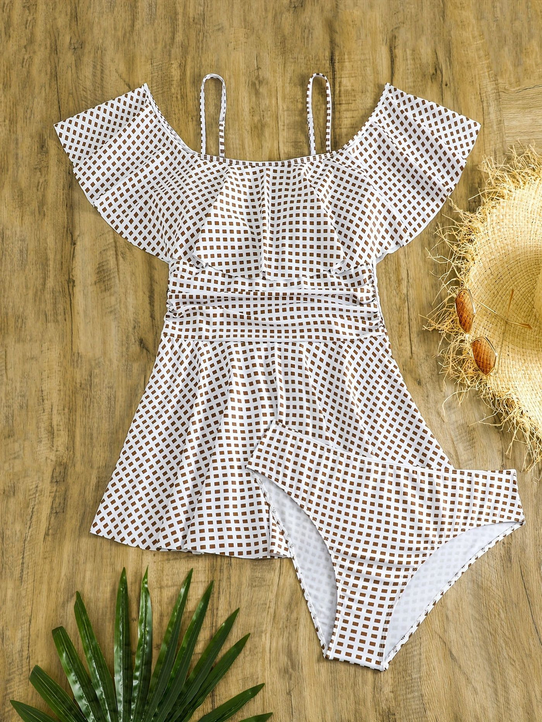 Damen Badeanzug-Set mit Rüschendetails und elegantem Karomuster R&B