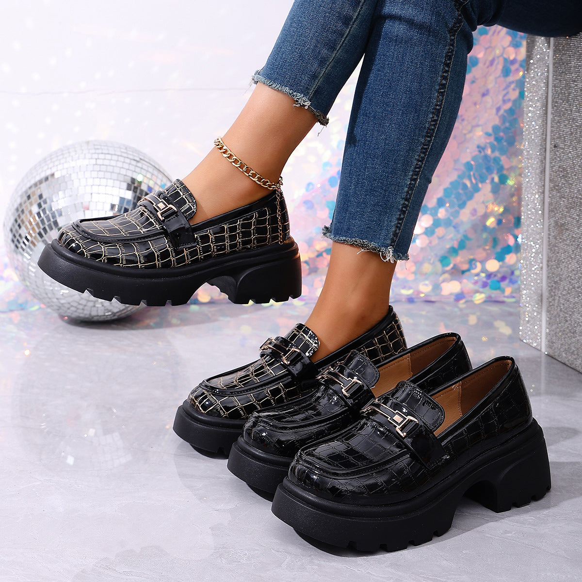 Damen Chunky Loafers mit glamourösem Krokodil-Design und komfortabler Plattform EB