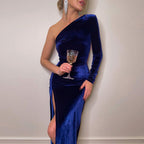 Damen stilvolles Ein-Schulter-Kleid mit Raffungen und Schlitz R&B