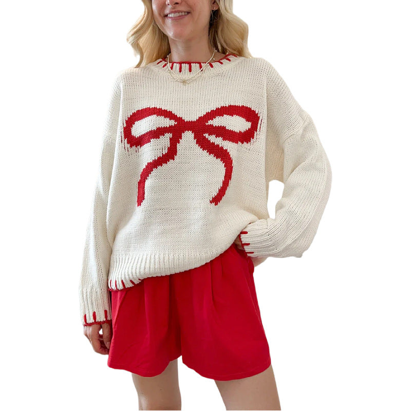 Damen Grob gestrickter Pullover mit dekorativem Schleifenmuster und kontrastierenden Abschlüssen R&B