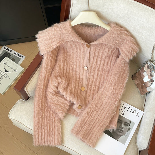 Damen Flauschige Strickjacke mit breitem Kragen und Knopfleiste R&B