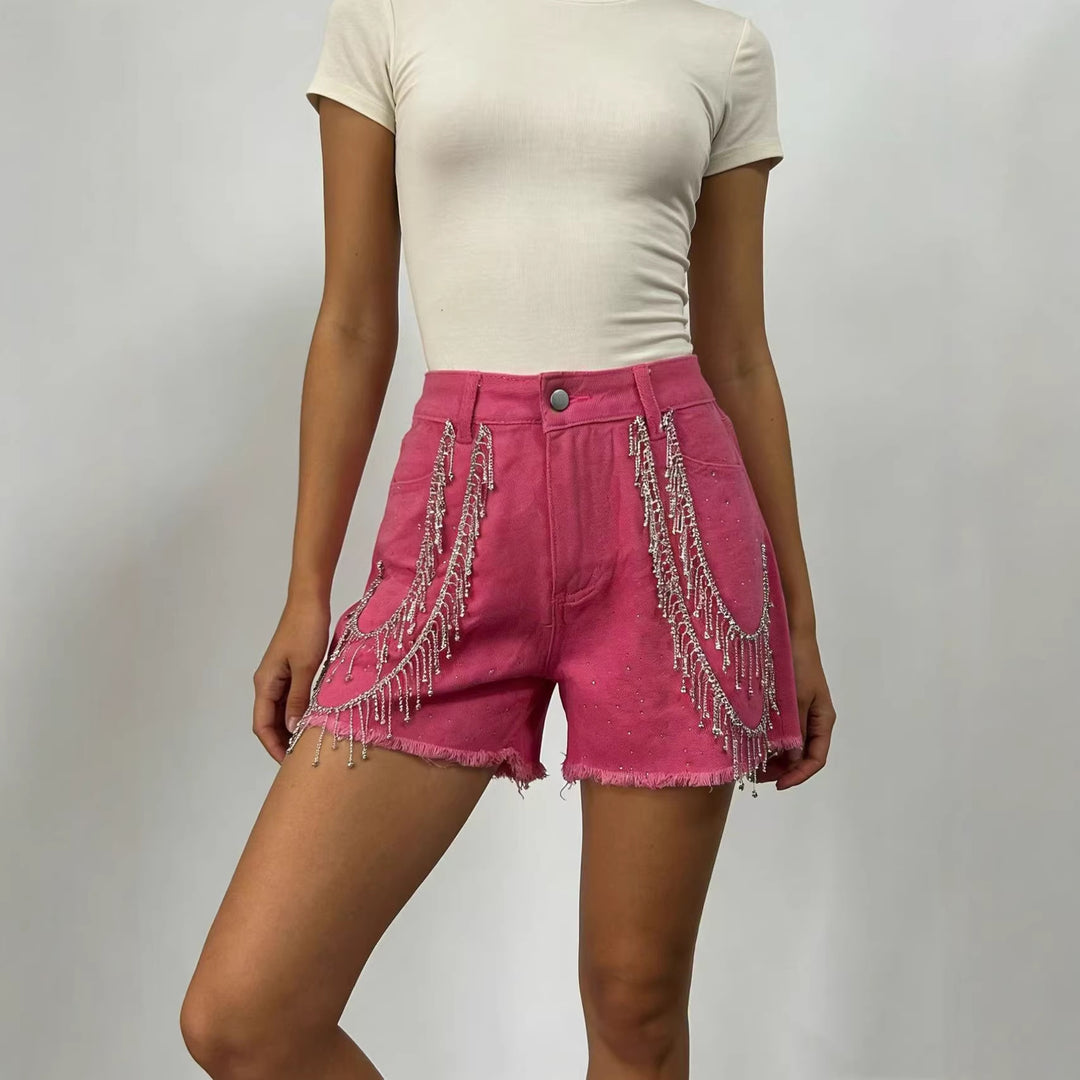 Damen Designer Denim-Shorts mit trendigen Kettenverzierungen R&B