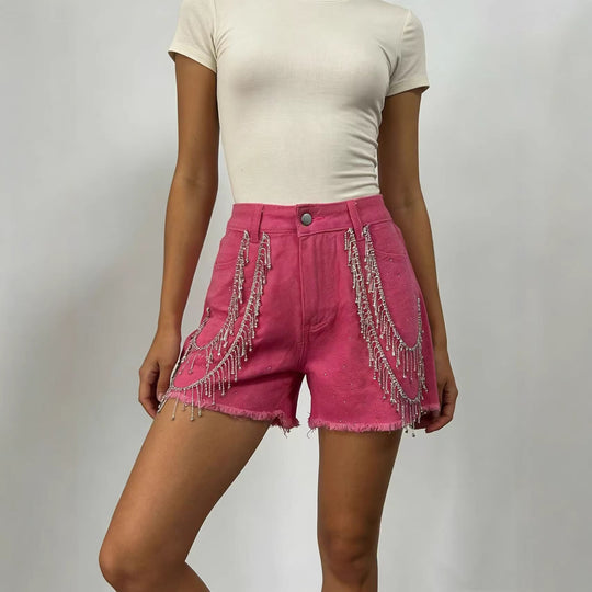 Damen Designer Denim-Shorts mit trendigen Kettenverzierungen R&B