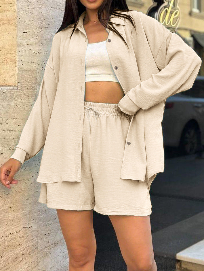 Damen lässiges Kurzarm-Set mit geknöpfter Bluse und bequemen Shorts R&B