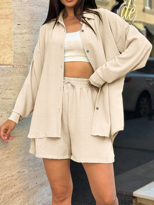 Damen lässiges Kurzarm-Set mit geknöpfter Bluse und bequemen Shorts R&B