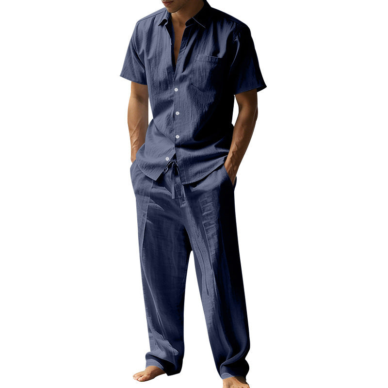 Herren nan resort-taugliches Kurzarm-Hemd mit Brusttasche und lässiger Leinen-Kordelhose R&B
