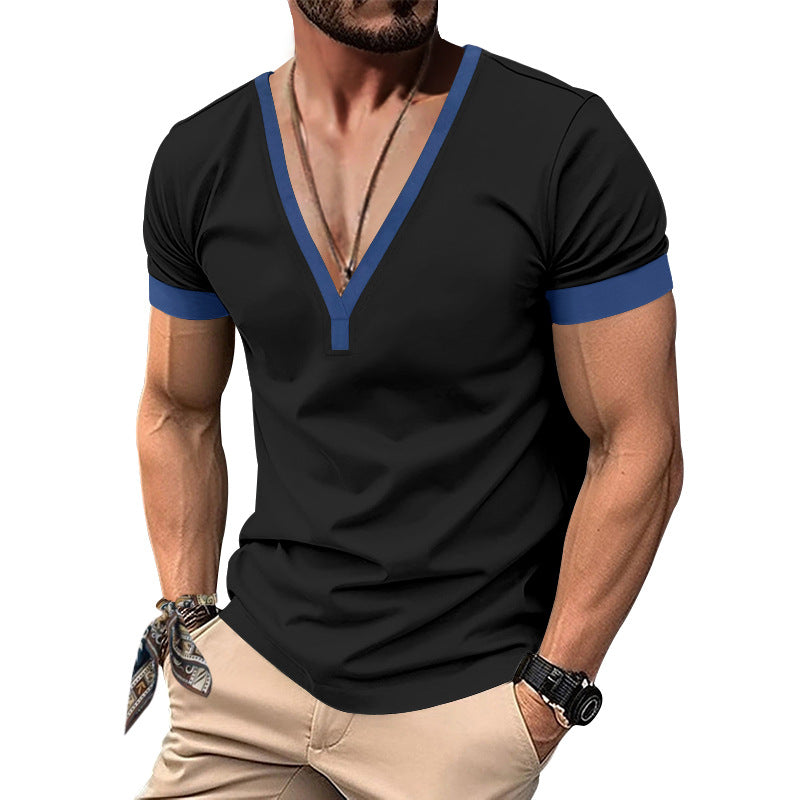 Herren V-Ausschnitt T-Shirt mit kontrastierenden Ärmeln und atmungsaktiver Baumwolle R&B