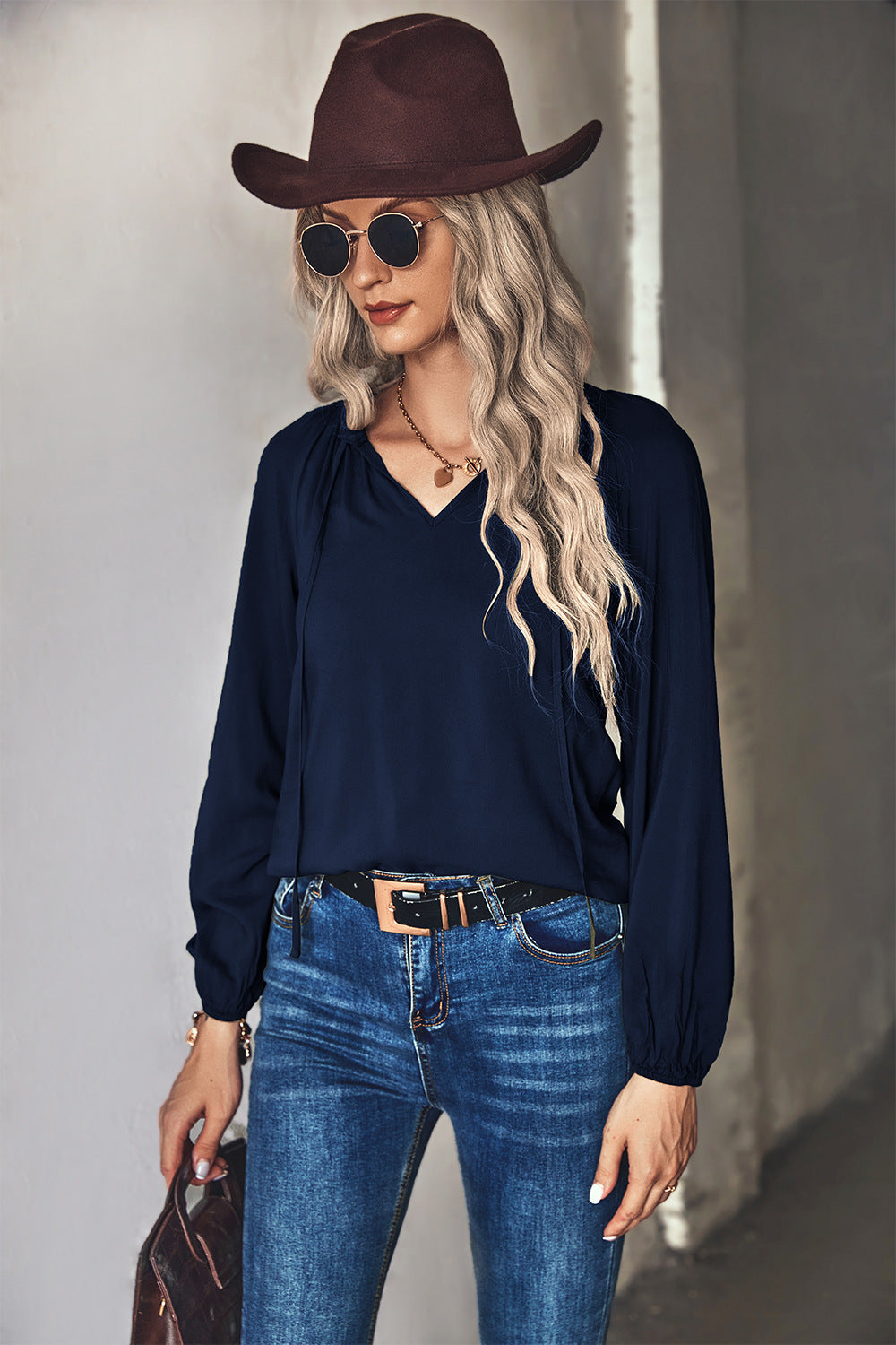 Damen Bluse mit eleganten Raffungen und V-Ausschnitt R&B