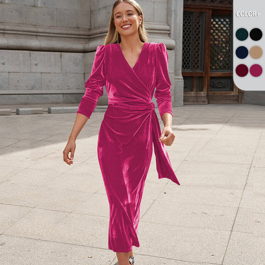 Damen Elegantes Wickelkleid mit Puffärmeln und Goldakzenten R&B