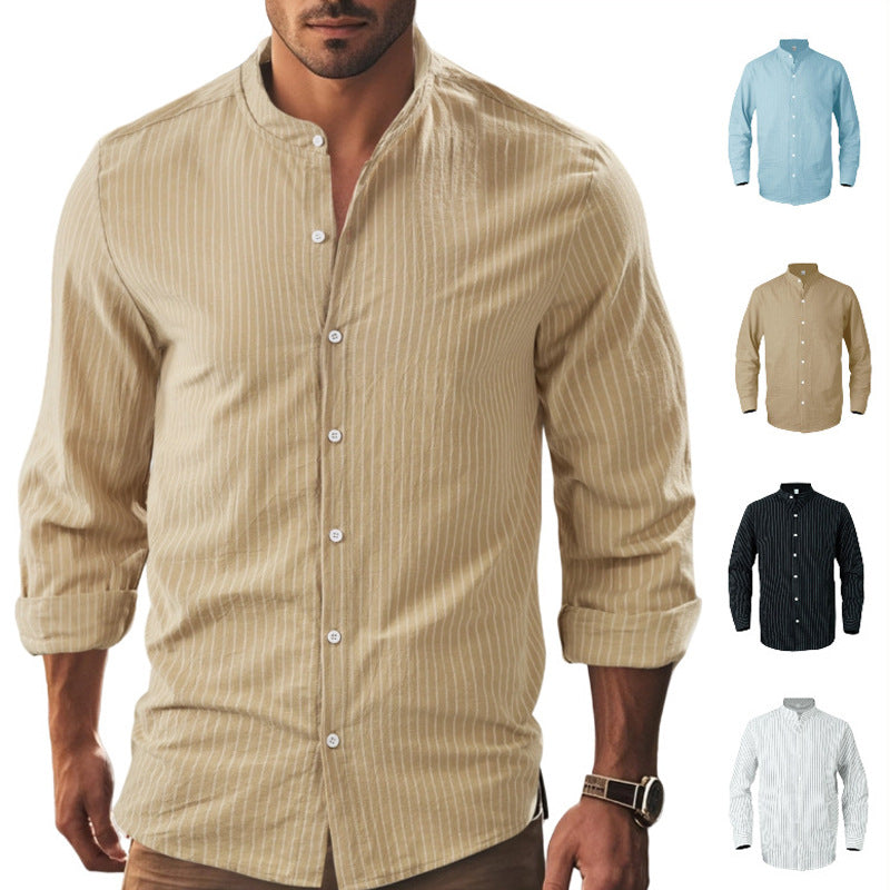Herren gestreiftes Langarmhemd mit modernem Stehkragen und Brusttasche R&B