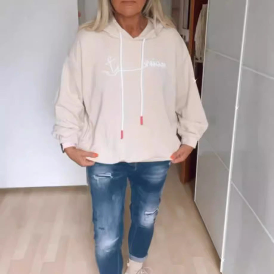 Damen nan lässiger Kapuzenpullover mit minimalistischer Liniengrafik, Kordelzug und geripptem Saum R&B