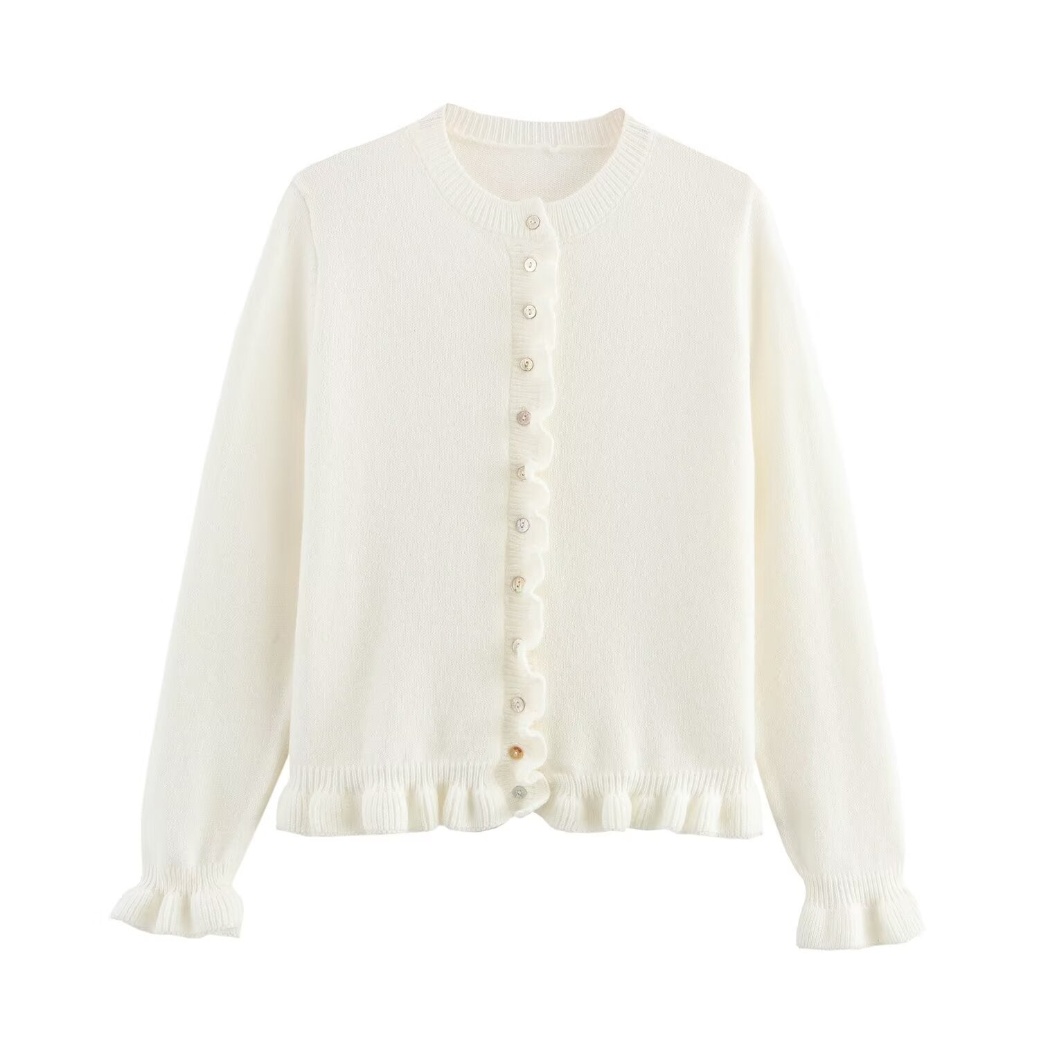 Damen Strickjacke mit dekorativem Rüschensaum und Knopfverschluss R&B