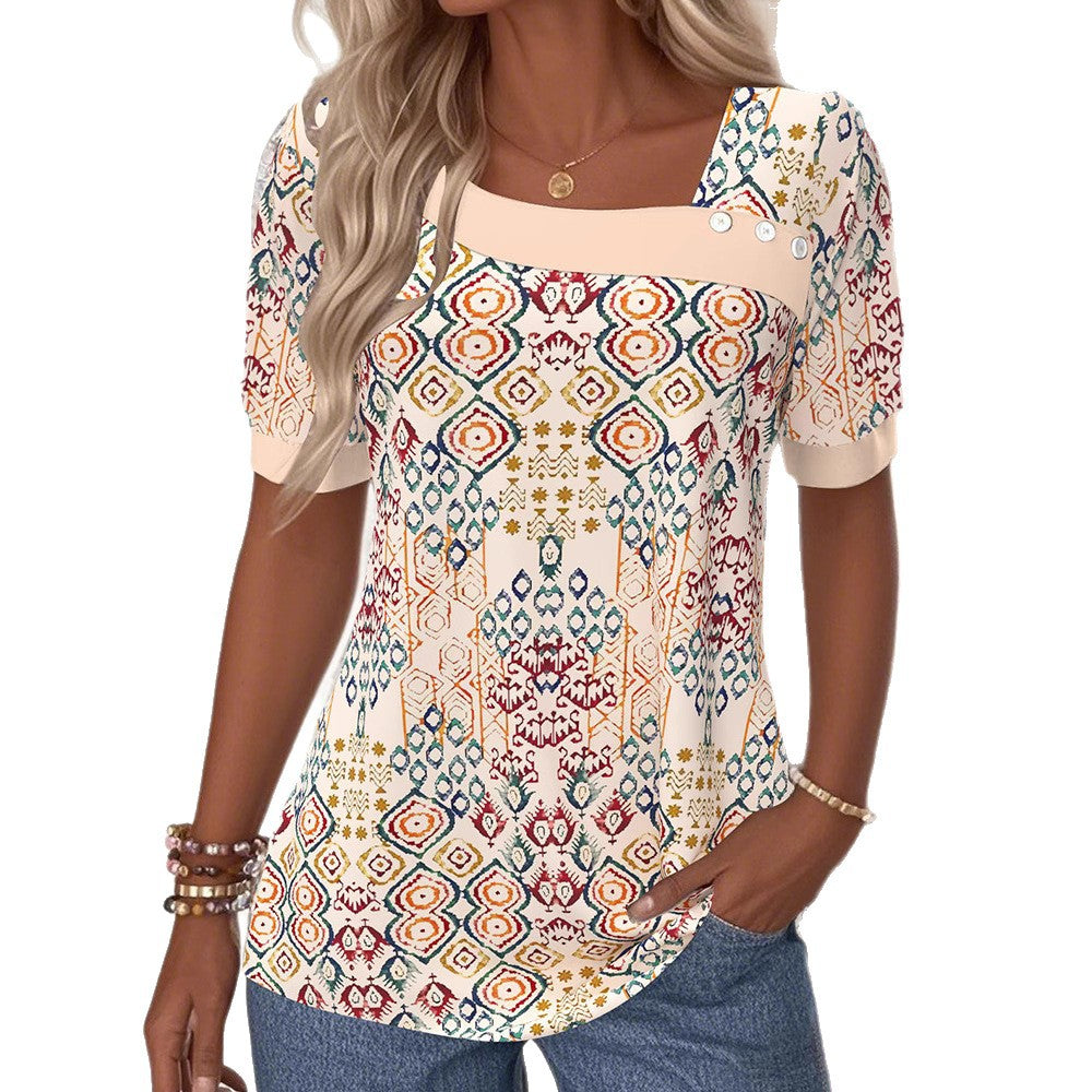 Damen nan leichtes Boho-Blusenshirt mit quadratischem Ausschnitt, Zierknopfleiste und geschwungenem Saum R&B