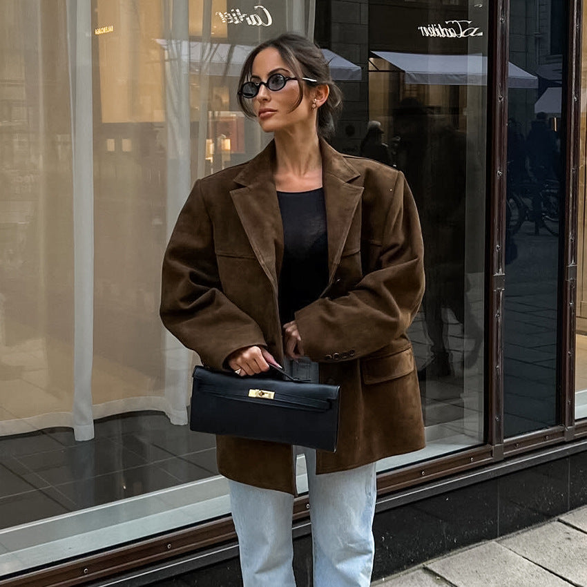 Damen Modische Wildlederjacke im Oversized-Schnitt mit klassischem Kragen und praktischen Taschen R&B