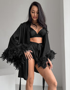 Damen Satin Kimono mit Federn R&B